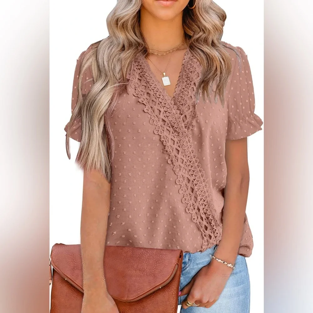 NWT Tops Short/Long Sleeve V Neck Chiffon Blouses Dressy Casual Pom Poms Shirt